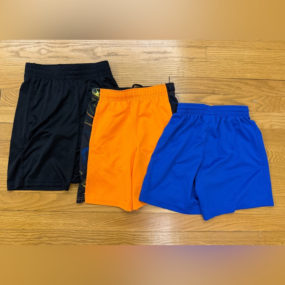 Three Pairs Kids Athletic Shorts - Black, Blue and Orange Size 8 Medium